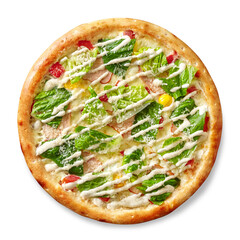 Pizza Caesar with cream cheese sauce, mozzarella, smoked chicken, tomatoes, quail eggs, romaine lettuce and parmesan