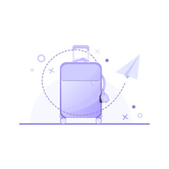Purple suitcase on wheels with tag with paper airplane. Travel, summer holidays, booking, planning a vacation and tourism concept. Large textile travel baggage case	