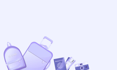 Travel background for tourism, holidays, booking, planning a vacation concept. Purple suitcase on wheels with tag, passport, photo camera, tickets and backpack.