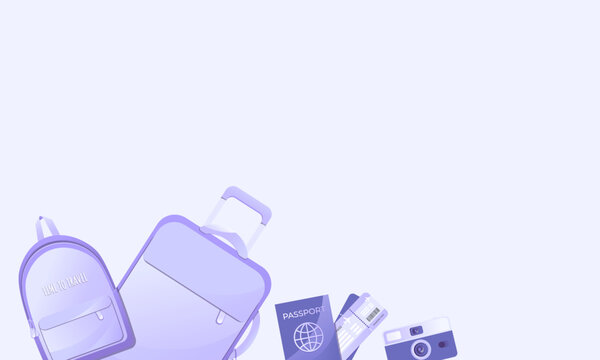 Travel background for tourism, holidays, booking, planning a vacation concept. Purple suitcase on wheels with tag, passport, photo camera, tickets and backpack.