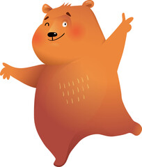 Fototapeta na wymiar Happy Teddy Bear Mascot Dancing or Showing. Cute Bear posing, cute animal clipart for kids. Vector illustration in watercolor style.