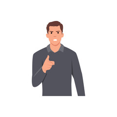 Young man angry and pointing his finger at you. Expresses negative emotions and feelings, shouts loudly and desperately. Flat vector illustration isolated on white background