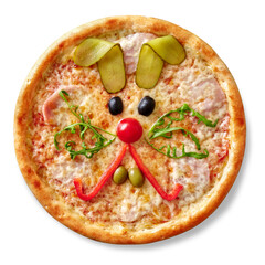 Kids pizza with ham, mozzarella and funny rabbit muzzle of cherry tomato, bell pepper, olives, arugula and pickled cucumber