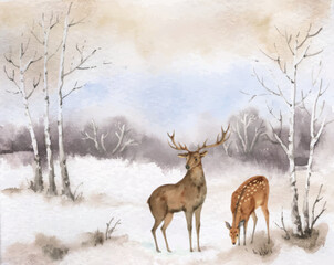 Watercolor vector postcard with deers in winter forest.