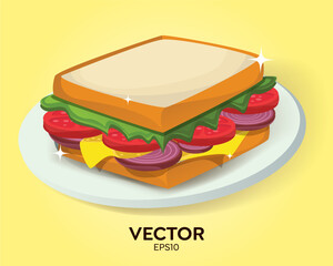 Vector illustration of delicious sandwich on plate, layer of delicious sandwich filling, layer of sandwich on plate with egg, tomato and vegetable filling