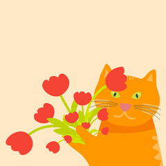 Orange funny cat with a bouquet of flowers.