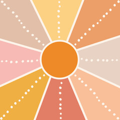 Abstract retro style illustration with yellow, pink, orange, beige and brown sun rays and pearls decoration