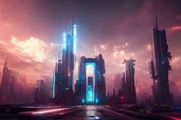 Obraz na płótnie Canvas Futuristic cyberpunk city with a grand gate, skyscrapers and high towers