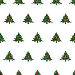 Seamless christmas trees pattern. Watercolor winter background with green trees with christmas decorations for textile, wallpaper, decor