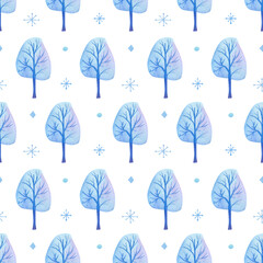 Fototapeta na wymiar Seamless tree in frost pattern. Watercolor winter background with blue trees and snowflakes for textile, wallpaper, decor