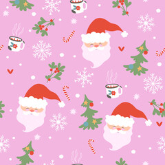 Seamless Christmas pattern with santa's faces. Vector graphics.