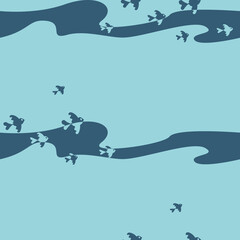 collection of seamless patterns depicting
stylized mountains, rivers, sheep, birds, fish in blue hues