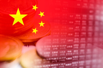 Stock market investment trading financial, coin and China flag or Forex for analyze profit finance...