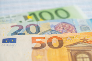 Euro banknotes on spreadsheet paper, Banking Account, Investment Analytic research data economy, trading, Business company concept.