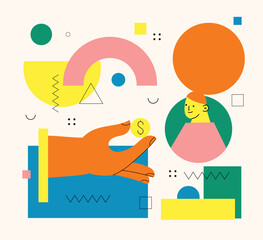 People sending, transfering money, coins from debit card, credit card, replenishment of balance, account on Internet. Banking service, successful contactless payment transaction.