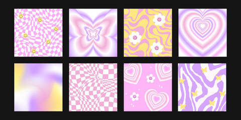 Y2k cool groovy backgrounds. Retro pop 70s cute hippie backdrop. Seventies psychedelic pattern wallpaper. Vector illustration in groovy trendy yellow, pink, violet colors