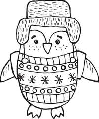 Hand Drawn Penguin in winter sweater, Cute Christmas Vector Illustration For clothing, home decor, cards and templates, scrap booking, post cards, frames.