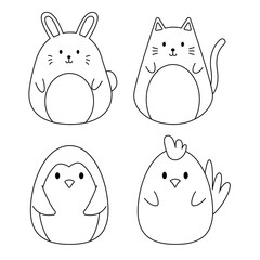 Set of rabbit, penguin, cat and chicken. cute animals cartoon for coloring book. vector illustration