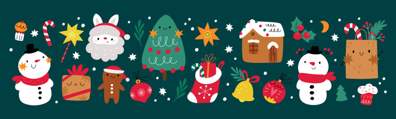 Christmas decor vector cartoon flat illustration. Traditional New Year design elements. Winter holidays collection with cute Christmas characters: Santa, Snowman, Gingerbread man, tree, gifts 