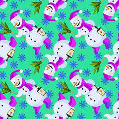 Fototapeta premium Vector - snowman with lantern seamless pattern.