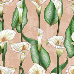Hand drawn watercolor calla lilies. Seamless pattern with calla flowers, design elements. Floral  pattern for invitations, cards, print, gift wrap, manufacturing, textile, fabric, wallpapers - obrazy, fototapety, plakaty