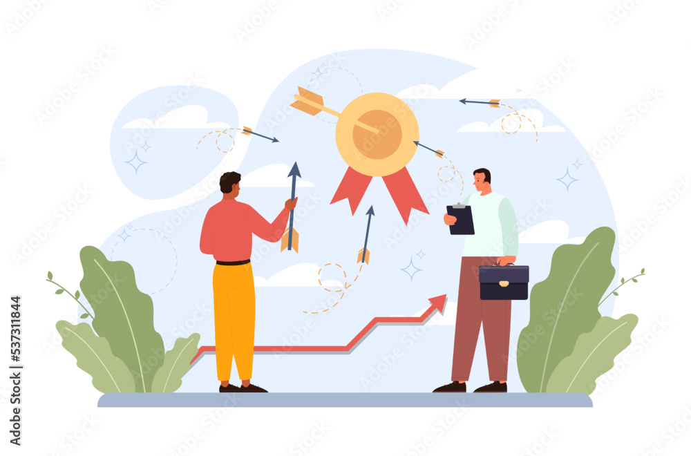 Poster target concept. ambitious characters aiming in target and shooting