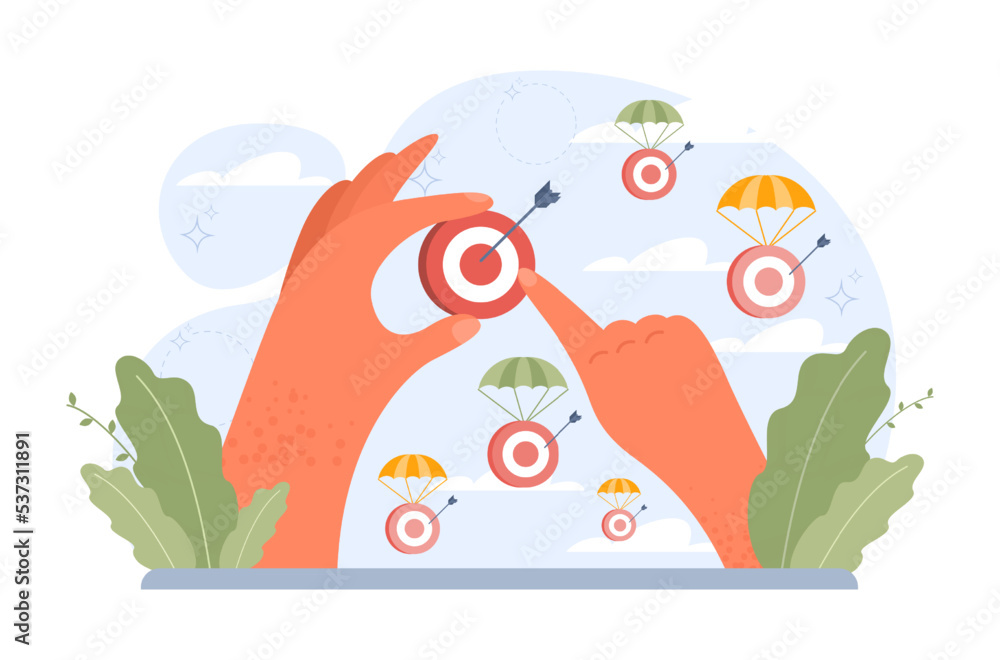 Poster target concept. ambitious characters aiming in target and shooting