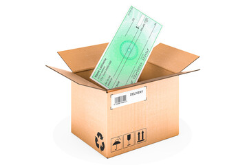 Parcel with bank check, 3D rendering