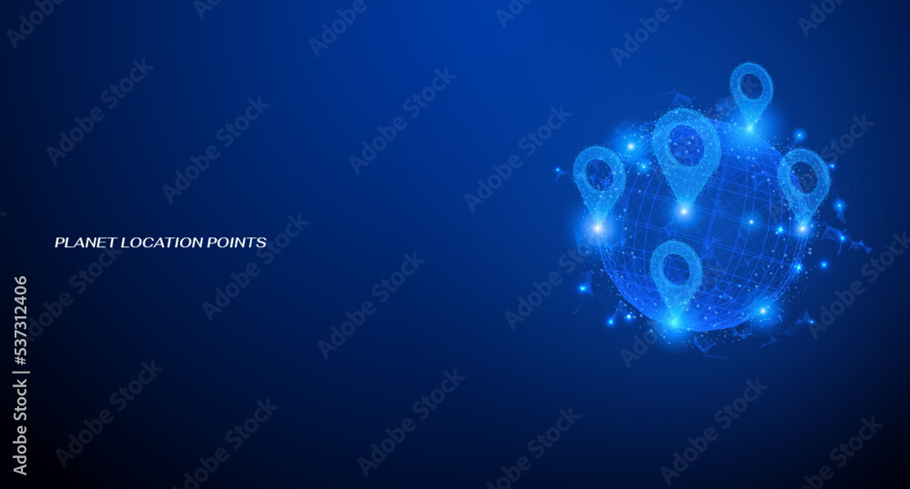 Fototapete Abstract low poly pins icon point on futuristic sphere element. Technology wireframe blue planet on cyber space background.