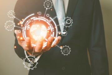 Businessman Hand holding virtual Global Internet connection metaverse. Business global internet connection application technology and digital marketing, Financial and banking, Digital link tech 