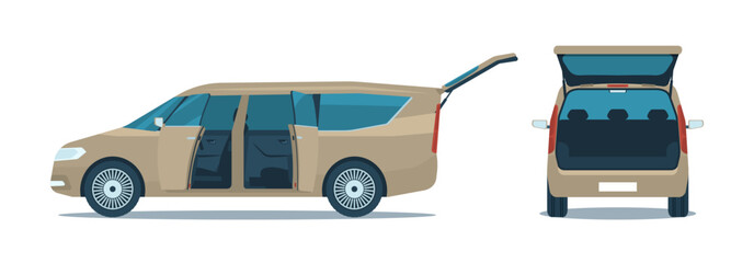 Mini van with open doors and trunk. Set of side and back view.. Vector illustration.