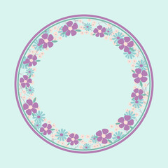 Round frame with wild flowers in pastel colors. Summer floral background