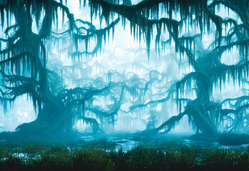 spooky swamp landscape background, digital matte painting - obrazy, fototapety, plakaty