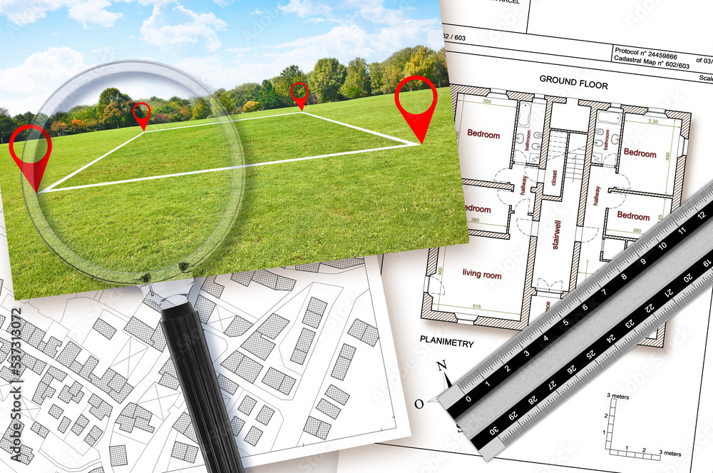 Poster updating public cadastral databases and information about land registry - concept with an imaginary 