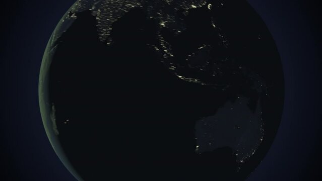 Seamless looping animation of the earth at night zooming in to the 3d map of Fiji with the capital and the biggest cites in 4K resolution