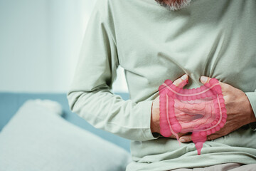 Asian Senior man feel stomach ache. Older mature male touch belly with intestine, probiotics food...