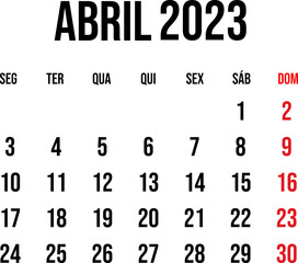 April 2023 calendar vector in flat and clean style, week start on monday