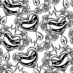 Vector illustration. Donated blood bag. Heart beat diagram. Rose flowers with thorns. Pattern. Light background, wallpaper