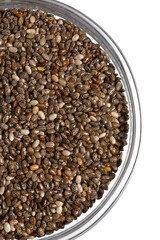 Chia seeds close up. Superfood concept. Isolated on white background.