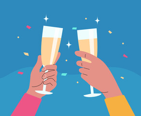 Holiday vector concept illustration in flat style. Human hands with glasses with champagne,  and confetti.