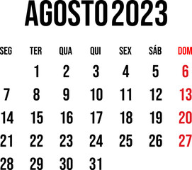 August 2023 calendar vector in flat and clean style, week start on monday