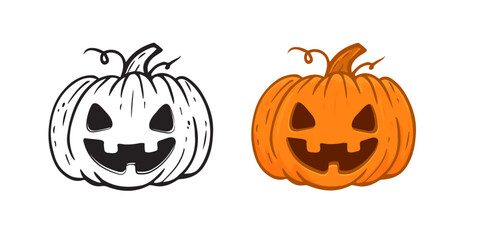cartoon halloween happy pumpkin isolated on white, jack o lantern.Doodle.Coloring with example. Vector illustration