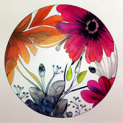 watercolor floral circle. round flower frame. ring of flowers
