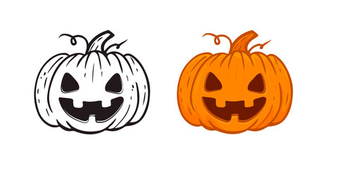 Fototapeta premium cartoon halloween happy pumpkin isolated on white, jack o lantern.Doodle.Coloring with example.