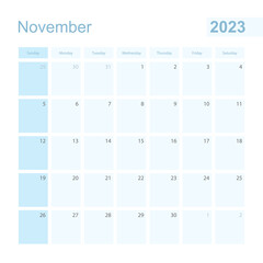 2023 November wall planner in blue color, week starts on Sunday.