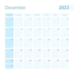 2023 December wall planner in blue color, week starts on Sunday.