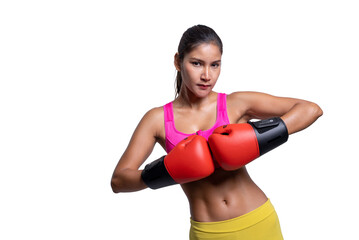 shot of smiling young sporty Asian woman fitness model in pink sportswear with red boxing mitts. isolated on white background. Fitness and healthy lifestyle concept.