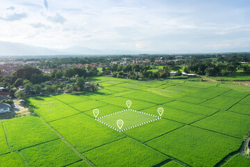 Land plot in aerial view. Gps registration survey of property, real estate for map with location,...