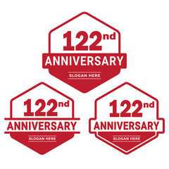 Set of 122 years Anniversary logotype design. 122nd birthday celebration logo collection. Set of anniversary design template. Vector illustration. 