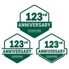 Set of 123 years Anniversary logotype design. 123rd birthday celebration logo collection. Set of anniversary design template. Vector illustration. 